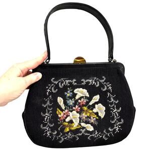 Vintage Mid Century Black Needlepoint Top Handle Purse Handbag Pocketbook Floral